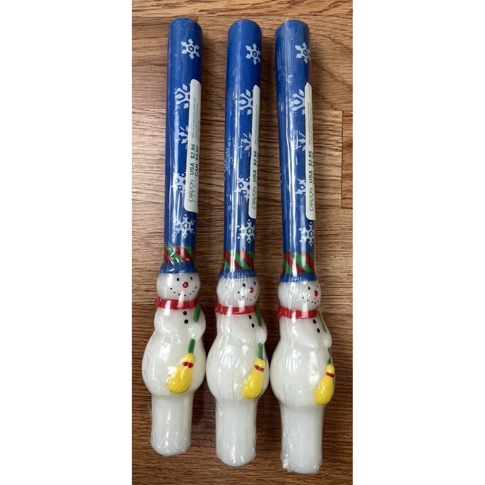 Lot of 3 Vintage Snowman Pillar Candles Carlton Cards NEW Sealed Blue/White